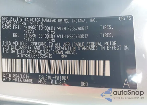 2015 Toyota Sienna Xle 8 Passenger z USA, uszkodzony, nr VIN 5TDYK3DC6FS625415